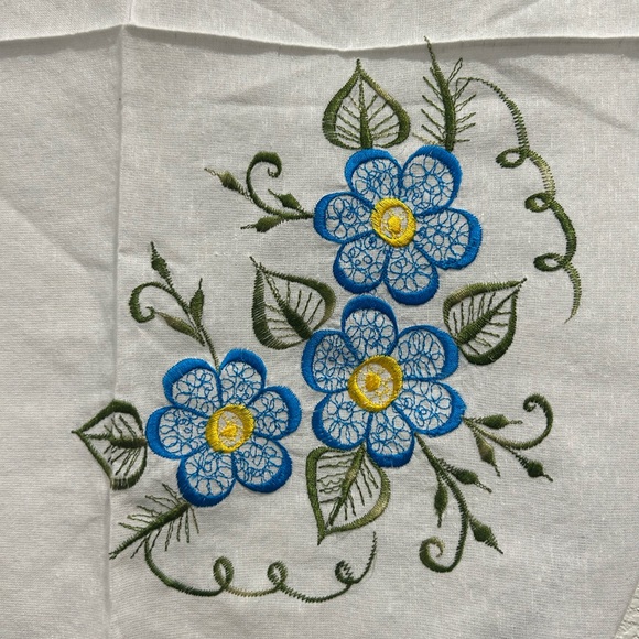 Handmade embroidered handkerchief, blue flowerand a blue crocheted edge NEW - Picture 2 of 8